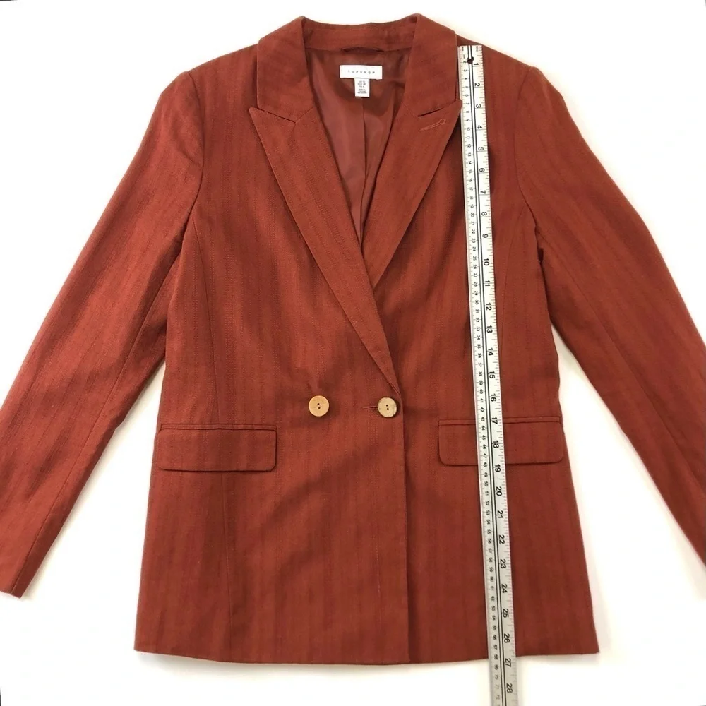 Topshop Rust Self Stripe linen blend double breasted notched collar blazer 6 - Picture 6 of 16